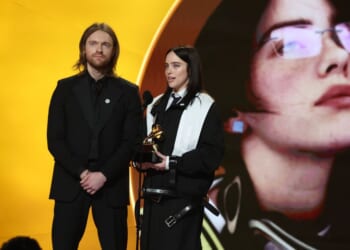 Finneas O'Connell and Billie Eilish stand on stage at the 68th GRAMMY Awards at Crypto.com Arena on Feb. 1, 2026.