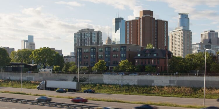 A semi-truck stopped on the freeway in Minneapolis, Minnesota.