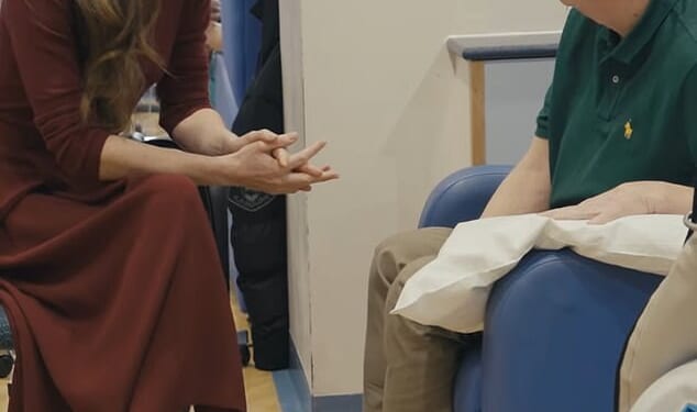 Kate is seen talking to cancer patients in hospital in a moving video to mark World Cancer Day