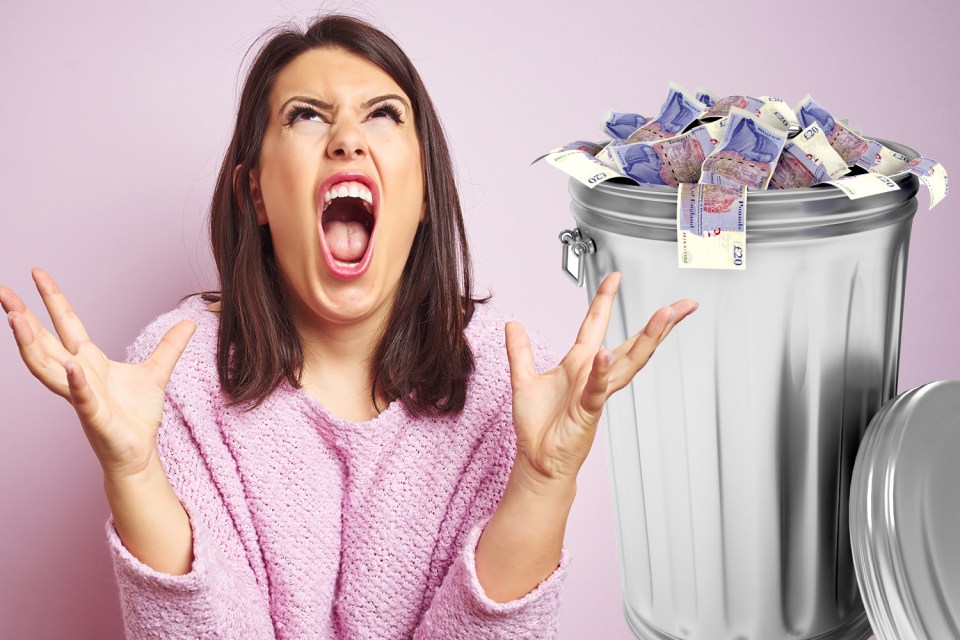 Illustration of a frustrated woman screaming next to a trash can overflowing with British pound notes.