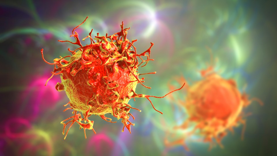 Illustration of a skin cancer cell with finger-like protrusions.