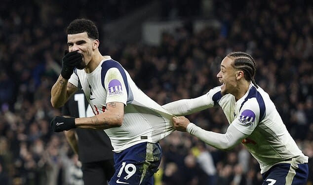 Dominic Solanke (left) scored a stunning equaliser for Tottenham against Manchester City
