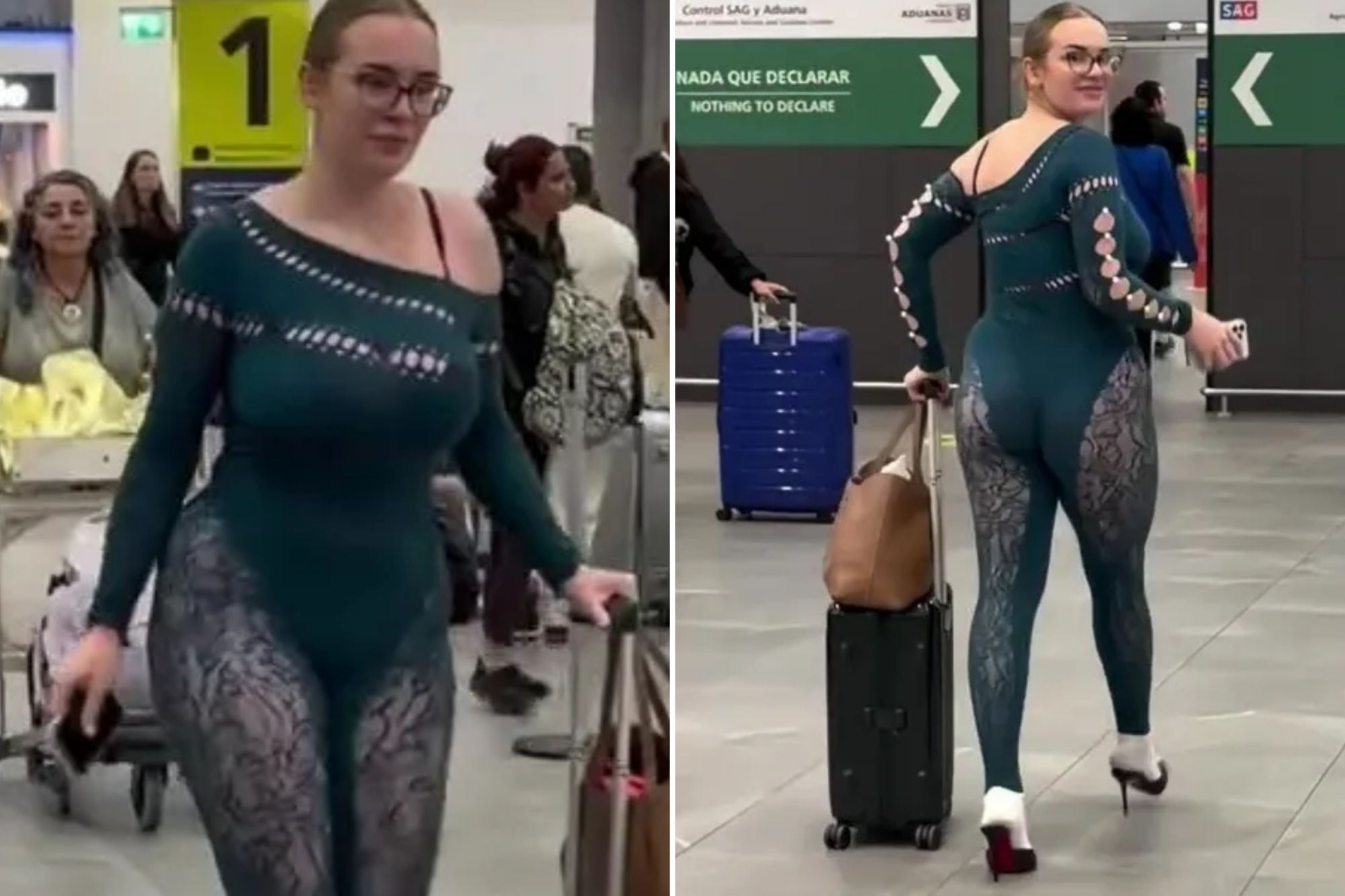 An image collage containing 2 images, Image 1 shows A woman in a revealing, form-fitting green and black outfit walking through an airport with a rolling suitcase, Image 2 shows A traveler in a revealing dark green jumpsuit and high heels pulls a suitcase through an airport terminal