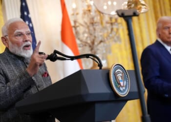 President Donald Trump and Indian Prime Minister Narendra Modi hold a joint news conference in the East Room at the White House on Feb. 13, 2025, in Washington, D.C.