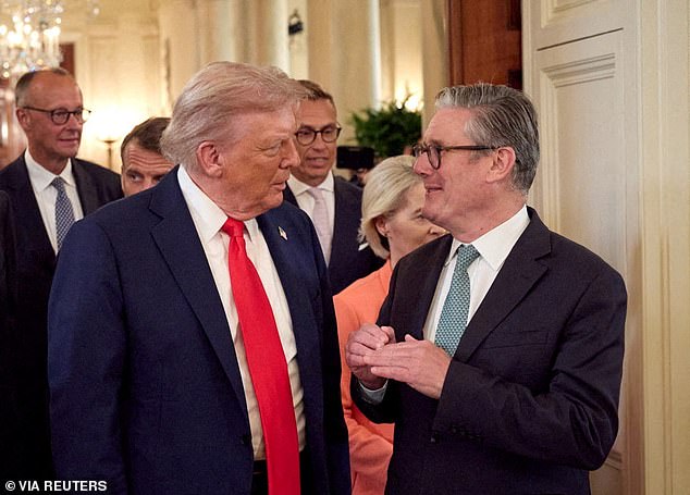 Trump talks with British Prime Minister Keir Starmer at the White House in August