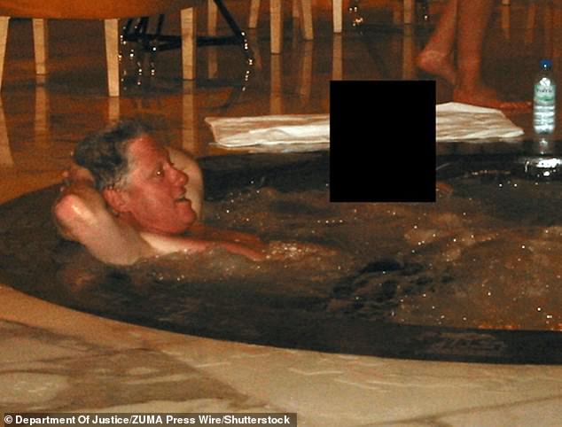 Former President Bill Clinton in a hot tub and a woman whose face has been redacted are seen in another image from the files tied to convicted sex offender Jeffrey Epstein