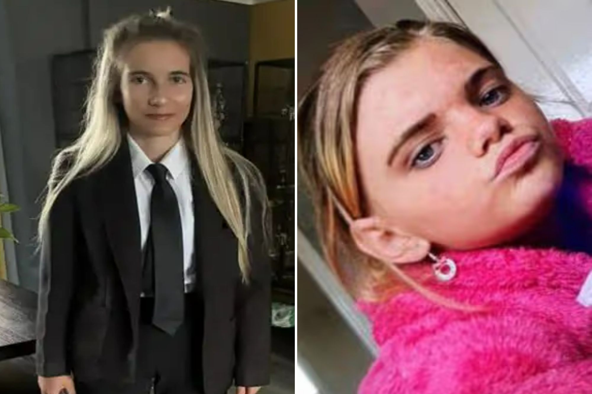 An image collage containing 2 images, Image 1 shows A young woman wearing a black suit and tie over a white shirt, holding a phone, Image 2 shows A young girl with blue eyes and blonde hair wears a fuzzy pink jacket and a circular earring
