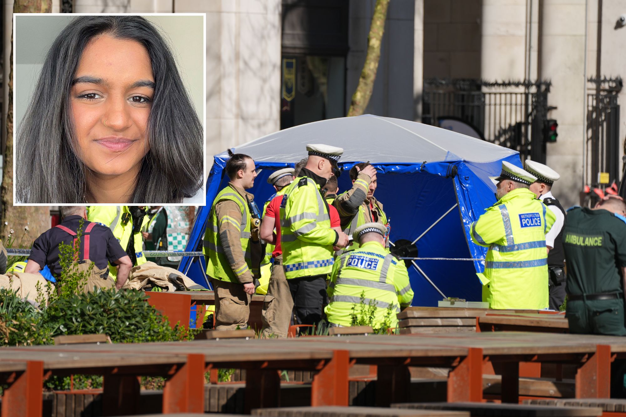 An image collage containing 2 images, Image 1 shows Police, firefighters, and paramedics at the scene of an incident involving a van in The Strand, central London, Image 2 shows Portrait of Aalia Mahomed, a victim of a fatal incident involving a van in central London