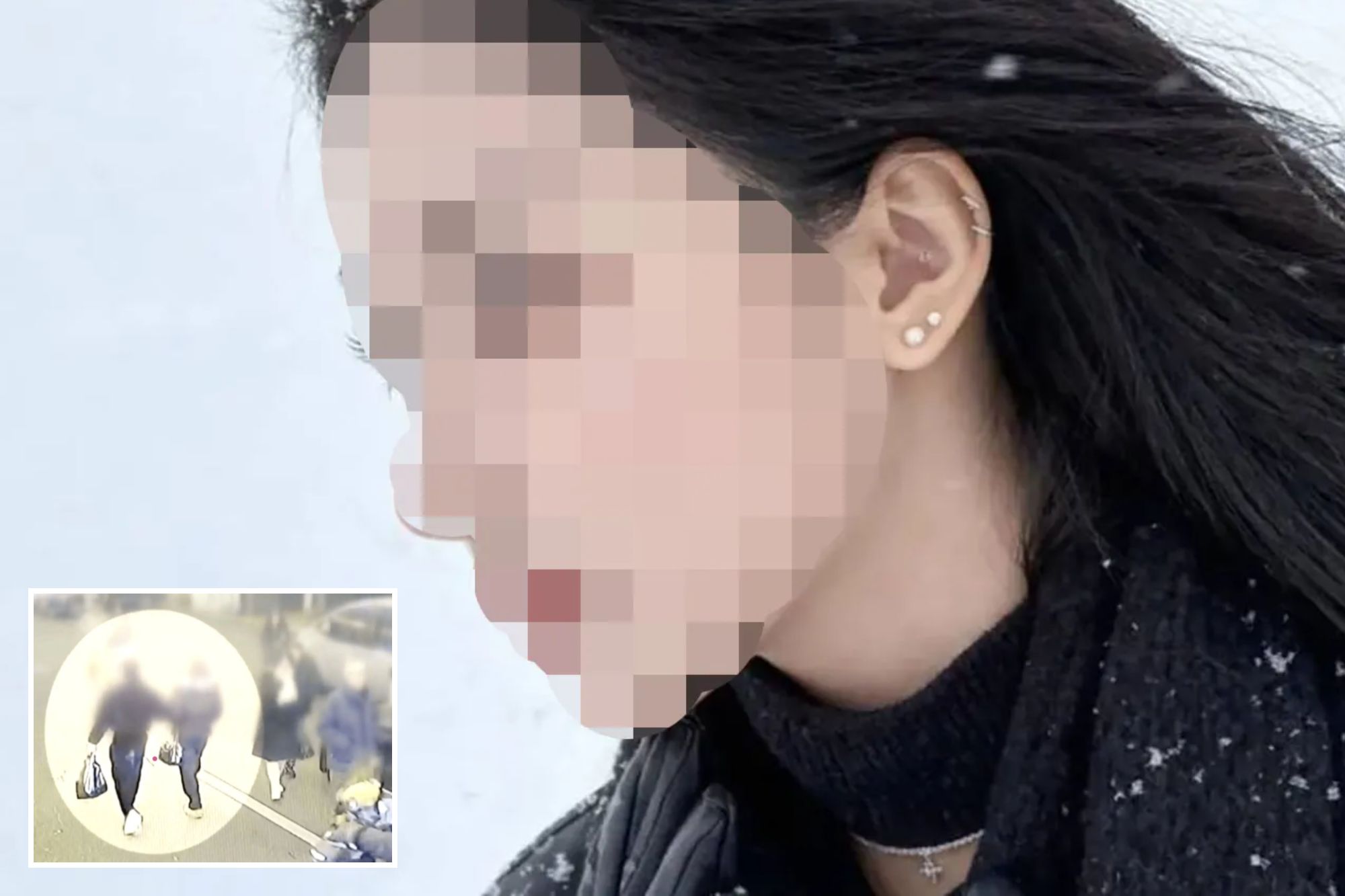 An image collage containing 2 images, Image 1 shows Cropped view of a woman's face, pixelated to conceal her identity, with dark hair, visible ear piercings, and a black sweater, against a snowy background, Image 2 shows Woman ¿drugged two men to death¿ after asking ChatGPT how to do it