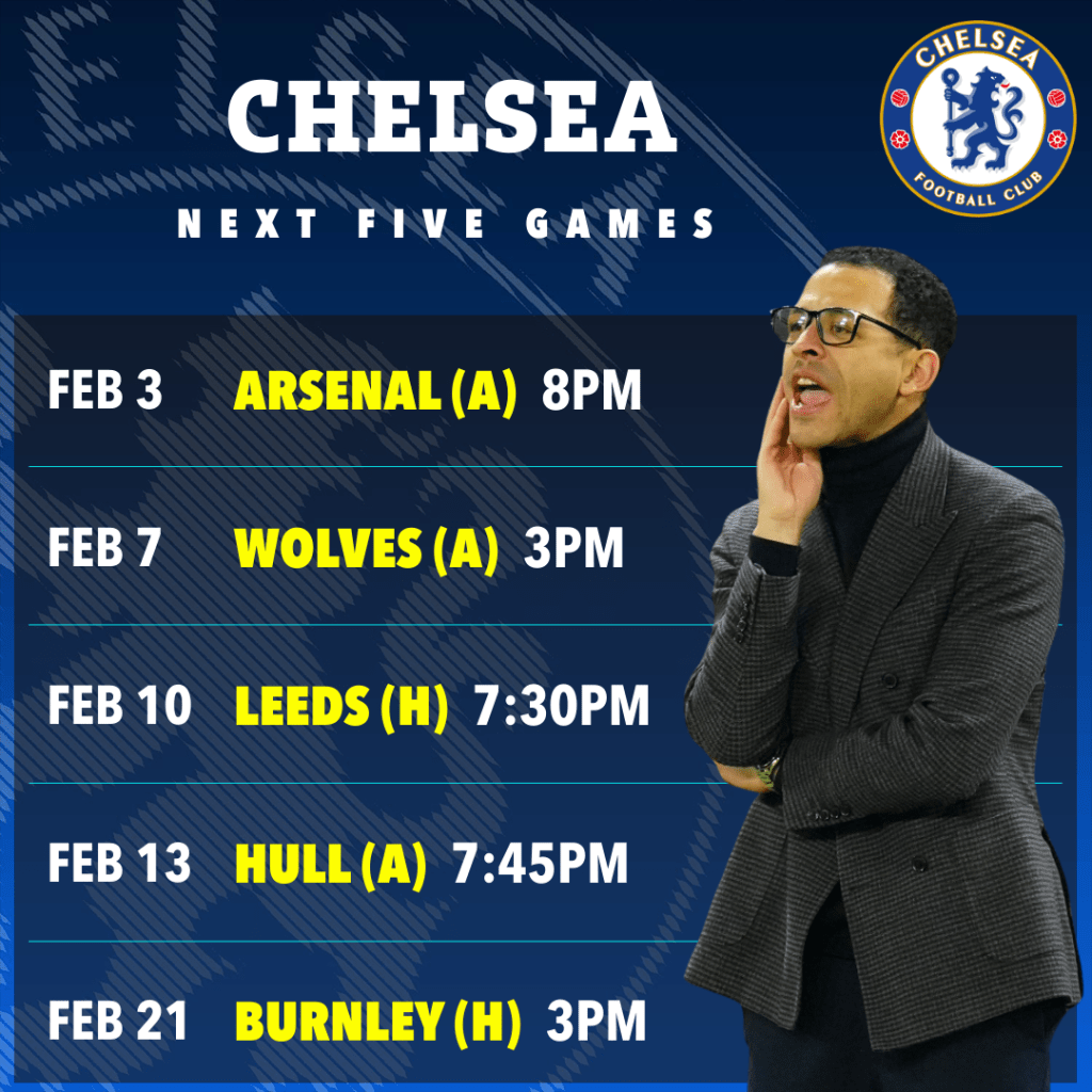 A graphic listing Chelsea FC's next five games with dates and times.