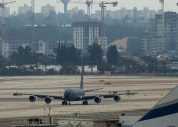 A United States Air Force KC-135 Stratotanker refueling aircraft on the runway at Ben Gurion airport on March 13, 2026, in Lod, Israel.