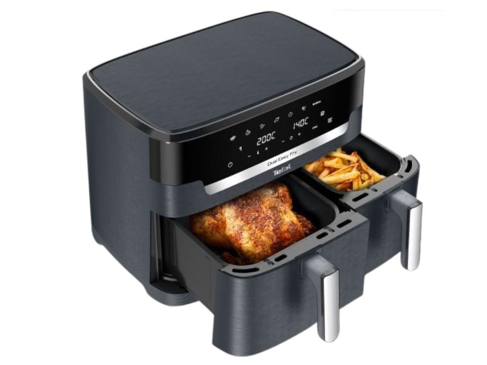 Tefal Dual Easy Fry air fryer cooking a whole chicken and French fries.