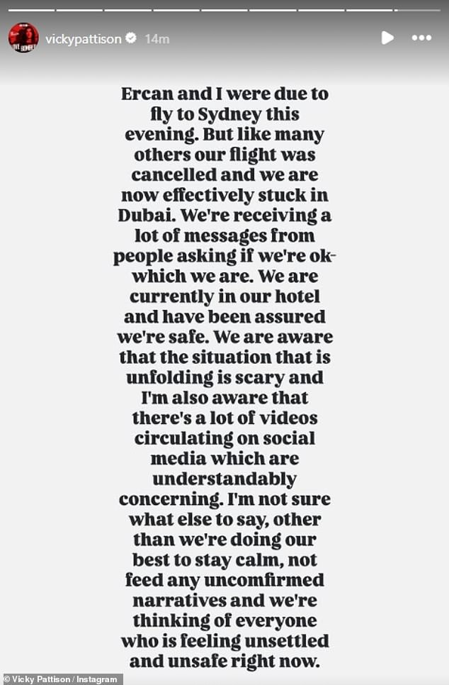 'Ercan and I were due to fly to Sydney this evening. But like many others our flight was cancelled and we are now effectively stuck in Dubai', Vicky Pattinson wrote
