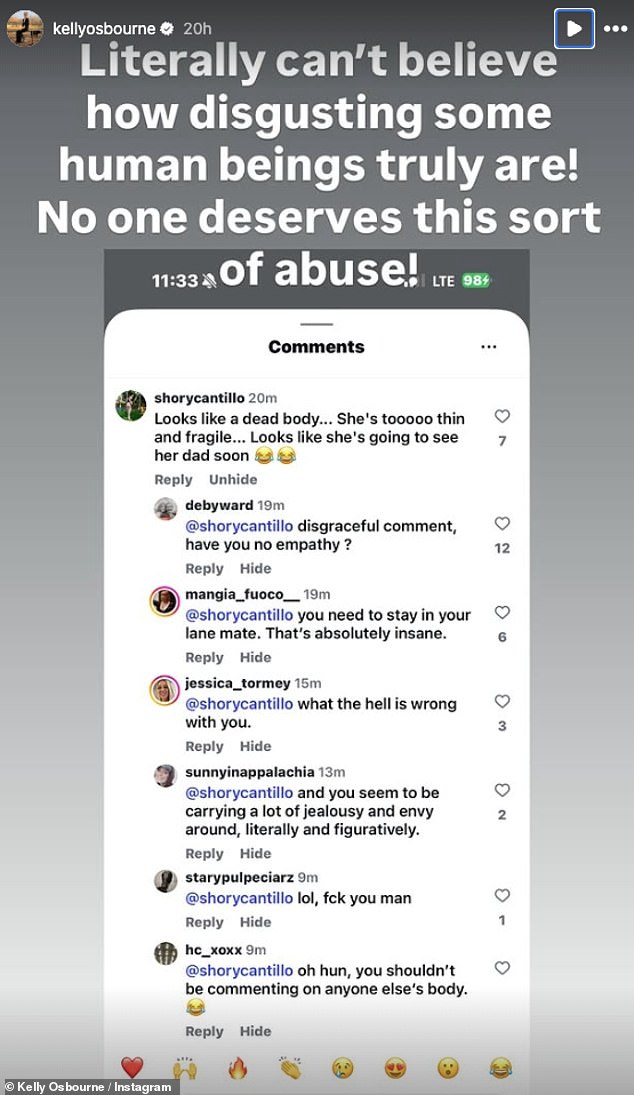 On Monday, she called out her online abusers for subjecting her to a torrent of vile comments, among them an unsavoury remark about her late father, Ozzy, who passed away last July