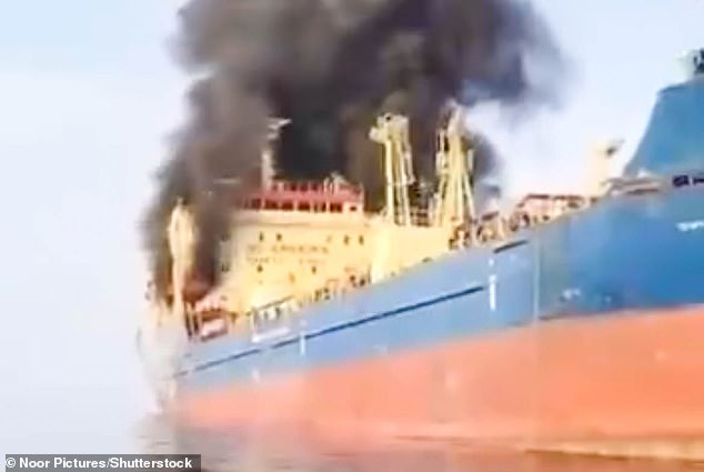 The Starlight oil tanker burns off the coast of Oman after a reported drone attack by Iran amid reprisals for Khamenei's death