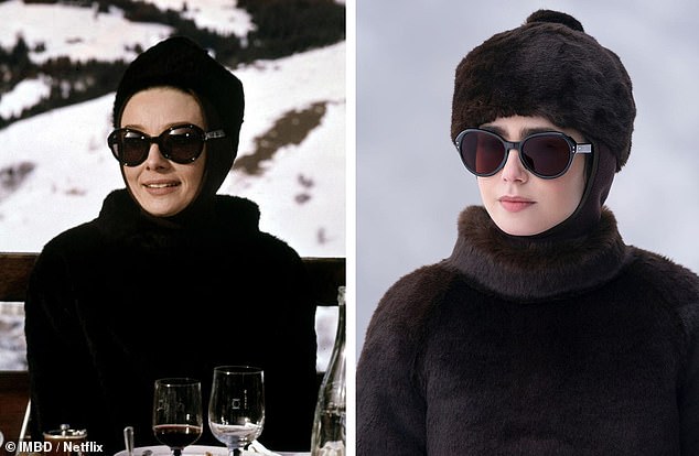 In another nod, Lily copies Audrey's 1963 look from murder-mystery romcom Charade, which saw her pose against the snowy mountains in black sunglasses and a faux-fur coat and hat