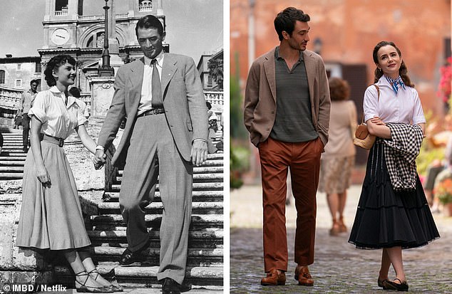 Emily is dressed in virtually the same outfit as Audrey, with a voluminous midi skirt, white short-sleeved shirt and neck scarf