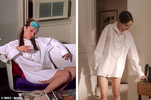 In Emily In Paris, Emily wears an oversized white shirt the morning after she stays the night with Marcello – a nod to Audrey's scene