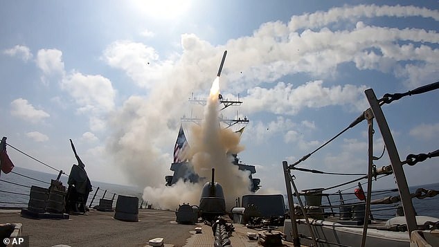 This image from video provided by U.S. Central Command shows a missile being launched from a U.S. Navy ship in support of Operation Epic Fury on Saturday