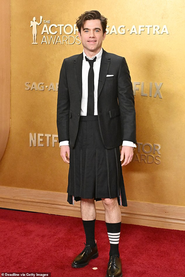 The Pitt star Patrick Ball pushed the fashion boundaries, pairing a black blazer and tie with a pleated black kilt