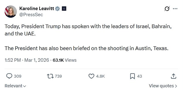 White House Press Secretary Karoline Leavitt said Donald Trump has been briefed on the shooting, and said in the same statement that he has spoken with several world leaders