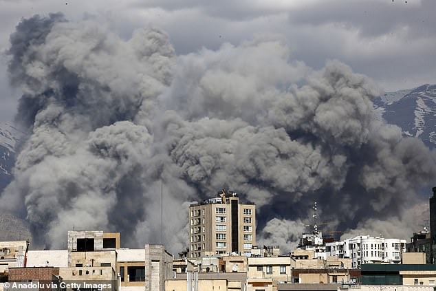 The device is thought to be the first taken down by a British fighter jet since the US and Israel began striking Iran on Saturday, prompting furious retaliation from the regime. (Pictured: Tehran following attacks on Sunday)