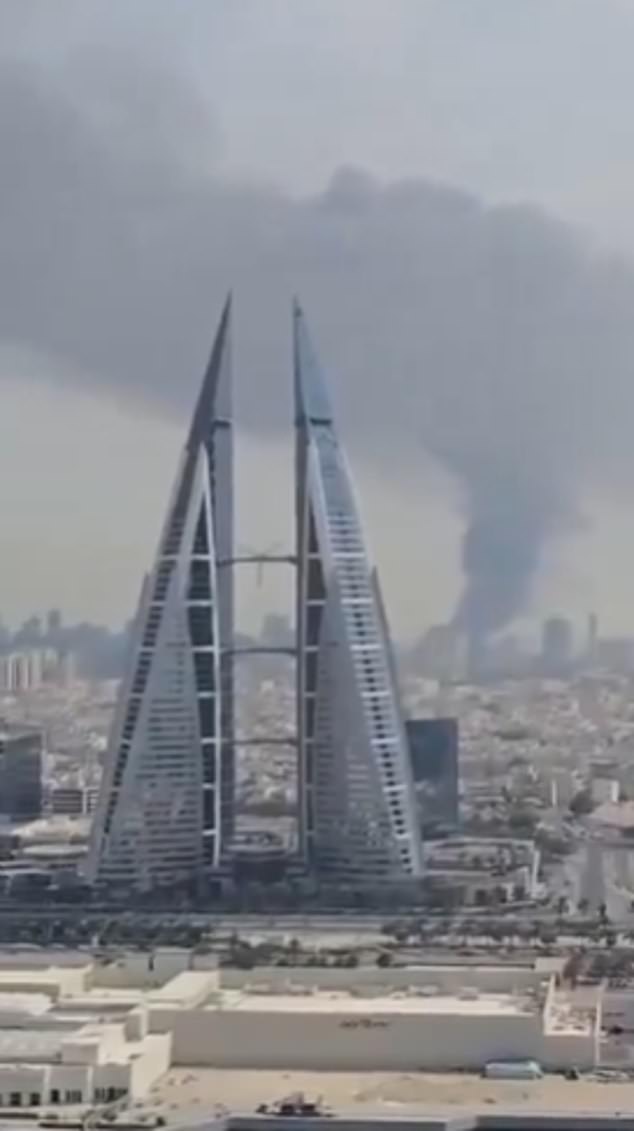 Iran has furiously retaliated, launching repeated strikes across the Middle East. Pictured: Columns of smoke could be seen rising from the Crowne Plaza hotel in the Bahrain city of Manama after it was hit by missiles
