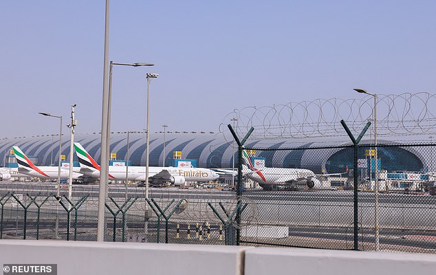 Planes are parked at Terminal 3 of the Dubai International Airport as airspace over the Golf states is largely closed