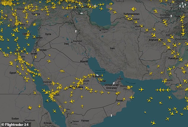 A huge hole in air traffic appeared above Iran and the surrounding areas as the conflict escalates but Saudi Arabian capital Riyadh, pictured here in the lower middle left, is busy with plenty of aircraft coming and going, similarly to Jeddah in the west which is also running many flights will other airspaces remain locked down