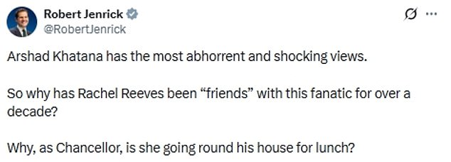 Mr Jenrick said: 'This is an appalling lack of judgement from Rachel Reeves.'