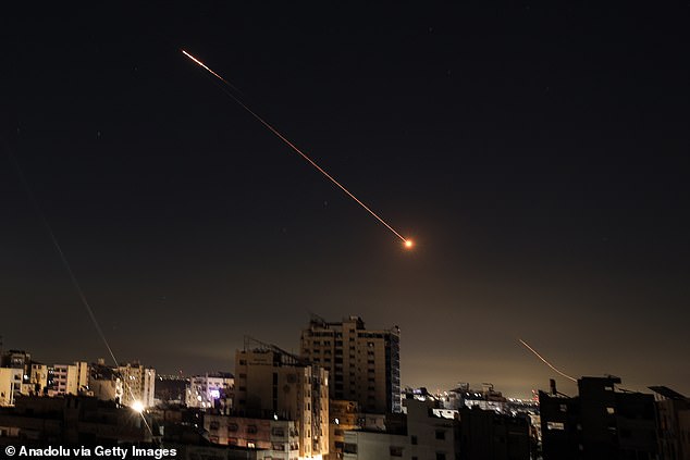 A view of Iranian missiles seen in the skies over Gaza after Iran launched retaliatory strikes in response to attacks by the United States and Israel in Gaza City, Gaza on March 01, 2026