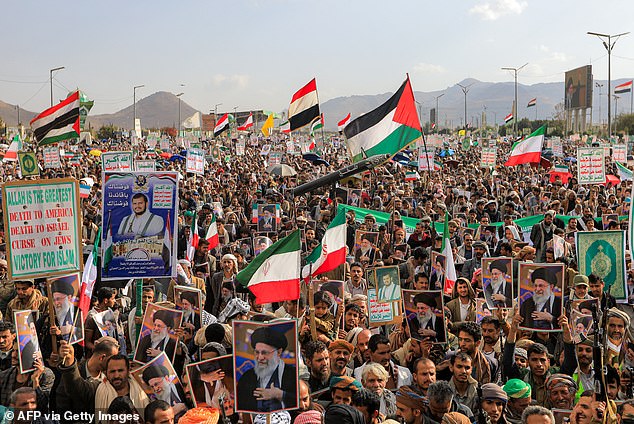 Mourners attend a memorial rally held by supporters of Yemen's Huthis a day after Iran's supreme leader was assassinated