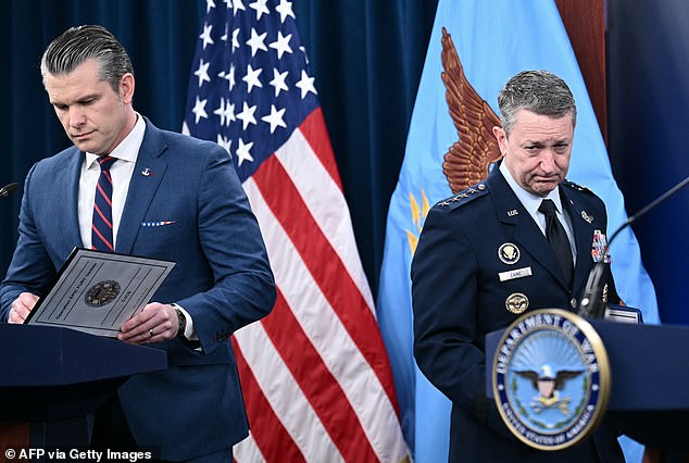 US Defense Secretary Pete Hegseth and the Chairman of the Joint Chiefs of Staff General Dan Caine arrive for a press conference on US military action in Iran, at the Pentagon in Washington, DC, on March 2