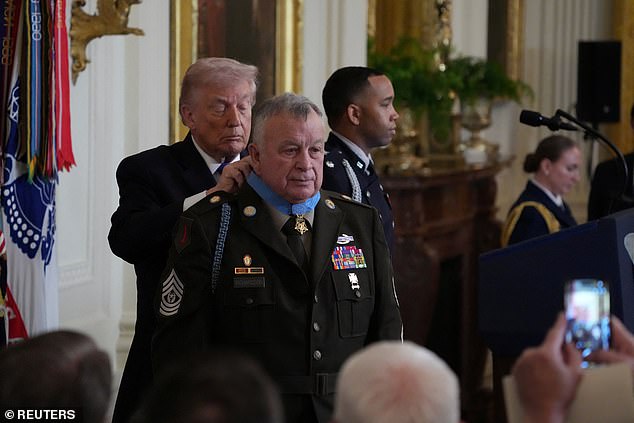 President Trump awards the Medal of Honor to retired U.S. Army Command Sergeant Major Terry Richardson during a ceremony for three recipients – the other two were awarded to family members posthumously
