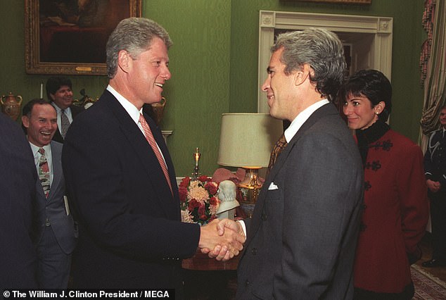 Hillary said that ahead of the hearing she was informed that Epstein had attended an event organized by the White House Historical Association. 'That's the only time that I'm aware of that I might have possibly been in the same room with him,' Hillary said. There is a photo (shown here) of Epstein and Maxwell meeting Bill Clinton at a White House Historical Association event in 1993.