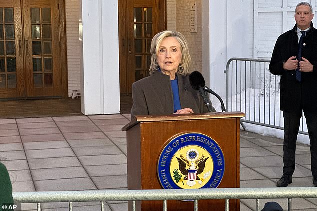 Former Secretary of State Hillary Clinton speaks to the media on Thursday after testifying she had no knowledge of Epstein's crimes