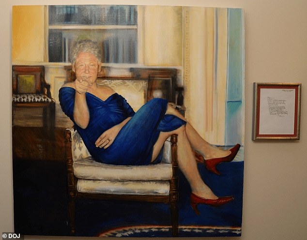 A painting of Bill Clinton in a dress seen in Jeffrey Epstein's home in an image released by the Department of Justice on December 19, 2025