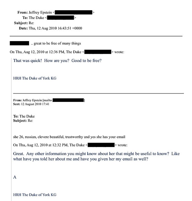 Two weeks after he was released from house arrest, Epstein offered to set up a dinner for Andrew with a 'clever, beautiful and trustworthy' 26-year-old Russian woman