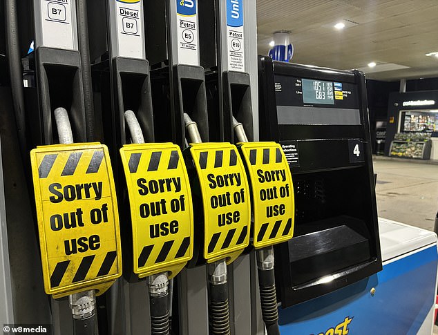 Signs at Valero Garage in Beckenham, South East London, yesterday