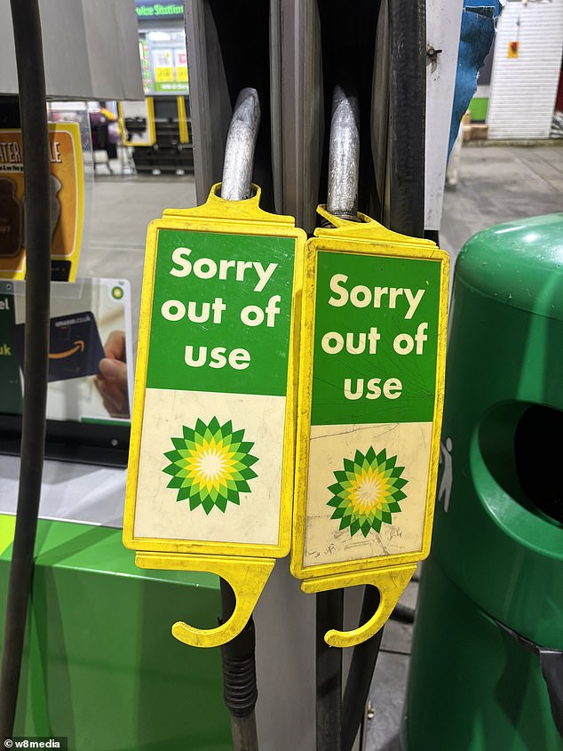 Signs reading, 'Sorry out of use', were also spotted at a BP fuel station in Croydon yesterday