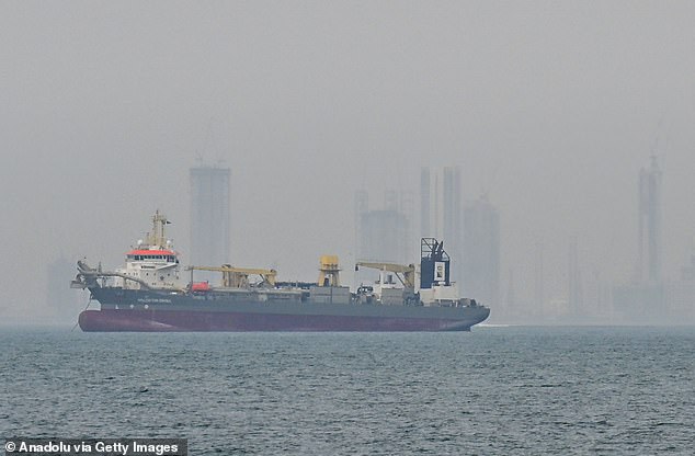 The ongoing conflict in the Middle East has affected the transport of fuel to the West after companies suspended sailing through the Strait of Hormuz following attacks on ships and ports (Pictured: A ship off the coast of Dubai, UAE, in the Strait of Hormuz)
