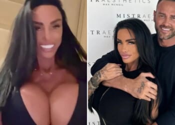 Katie Price almost spills out of her top as she remains apart from 'travel-banned' husband Lee Andrews