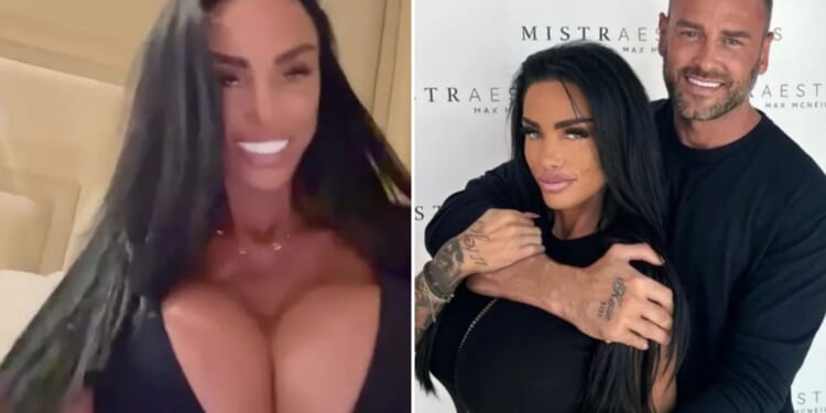 Katie Price almost spills out of her top as she remains apart from 'travel-banned' husband Lee Andrews