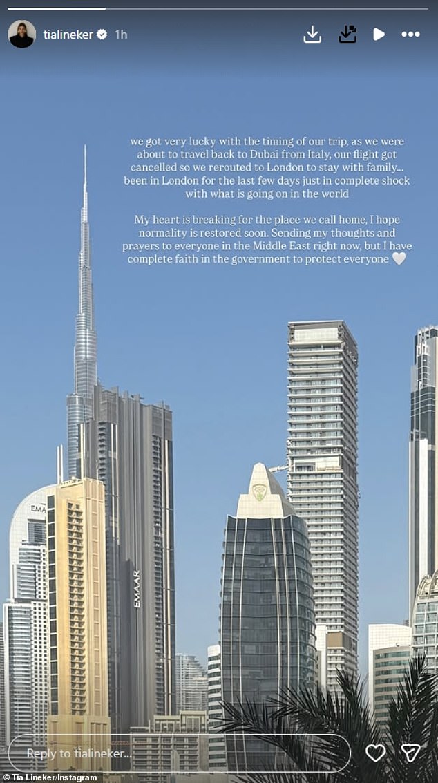 Tia Lineker also posted an update on Tuesday as she remains in the UK