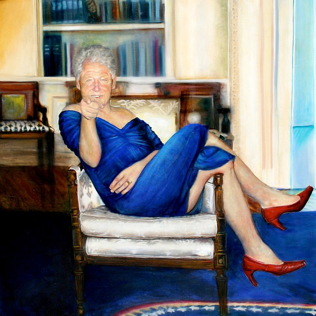 In 2019, the Daily Mail revealed Epstein had a bizarre portrait depicting the former Commander in Chief lounging on a chair in the Oval Office in blood red heels and a figure-hugging blue dress