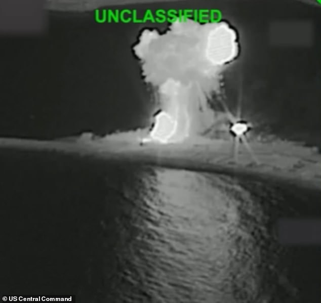 Alongside a video of a strike on an unidentified ship (pictured) released by US Central Command, they wrote: 'Two days ago, the Iranian regime had 11 ships in the Gulf of Oman, today they have ZERO