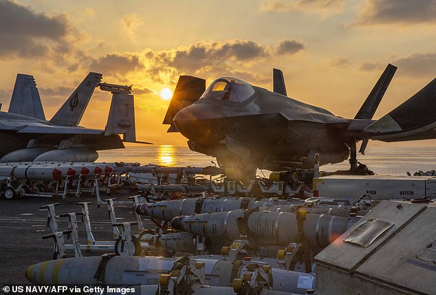 US Central Command handout photo shows an F-35C Lightning II, attached to Marine Fighter Attack Squadron (VMFA) 314, staged for flight operations on the deck of Nimitz-class aircraft carrier USS Abraham Lincoln (CVN 72) in support of Operation Epic Fury on March 2, 2026