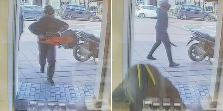Dramatic moment robbers use chainsaw and machete to smash into high street jewellers & steal pricey gems before fleeing