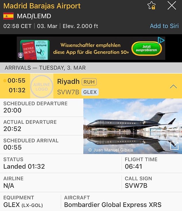Details of the timing of the flight of the Bombardier Global Express XRS are publicly available