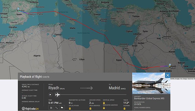 A flight tracker showed details of the £61million private jet's path to Spain from Saudi